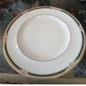 2-Royal Doulton Forsyth 10 5/8" Dinner Plates Green Band Gold Trim - Unused